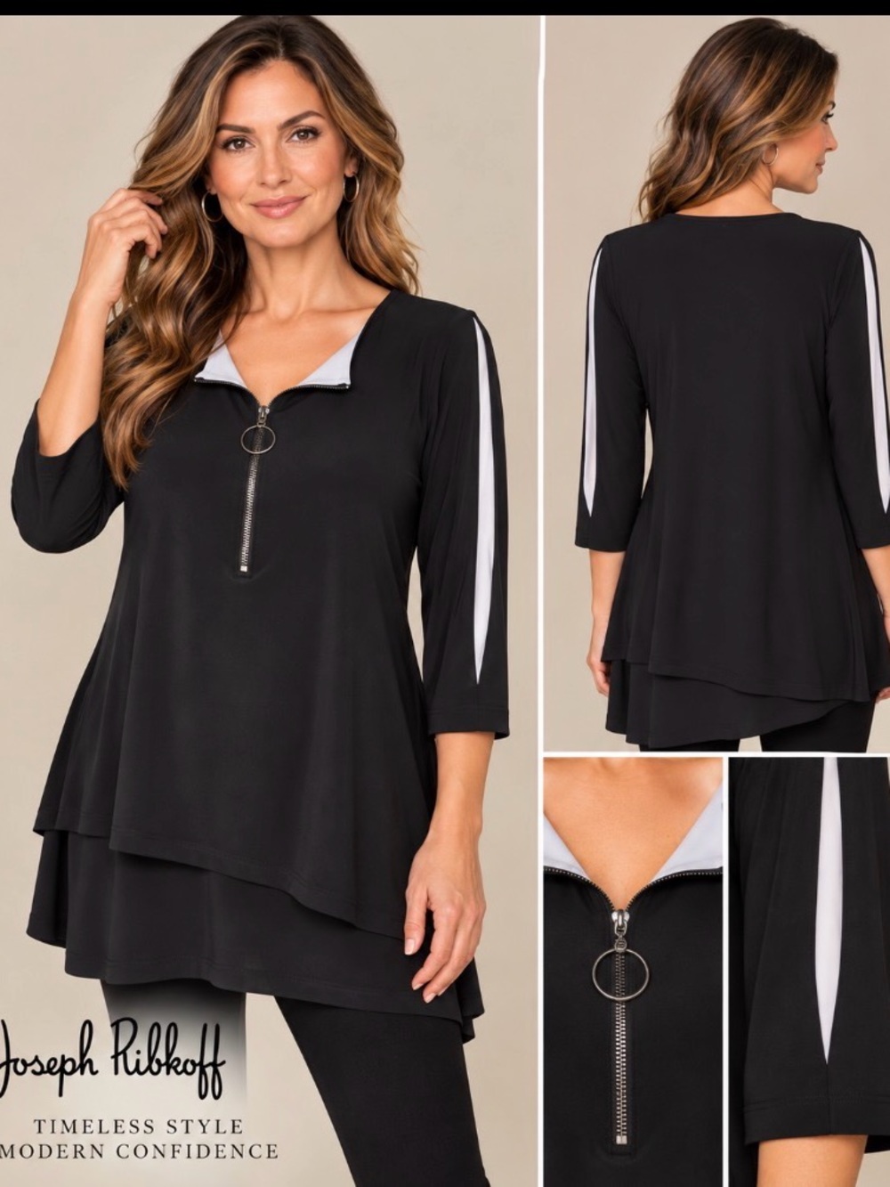 Joseph Ribkoff Black Layered Tunic Top White Inlay Sleeve Ring Zip Size 10